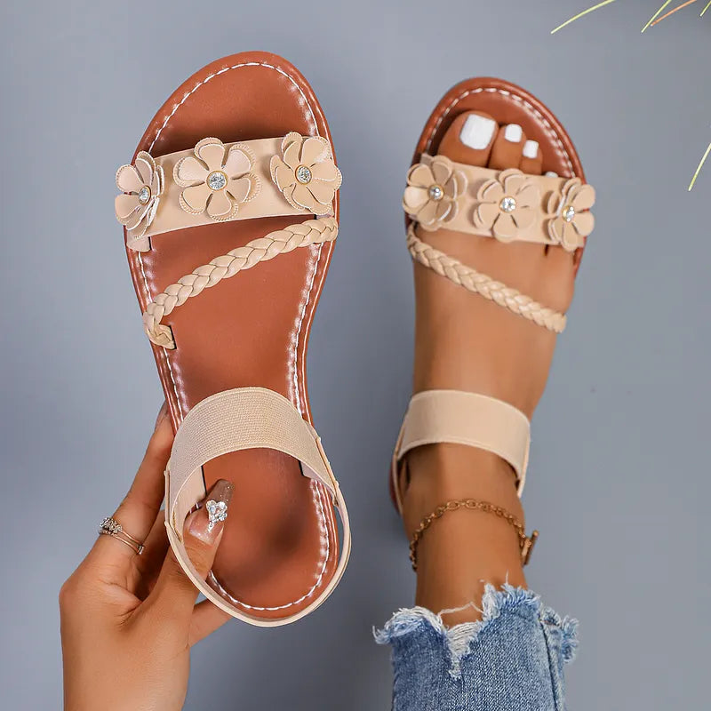 Anke - Floral Braided Strap Flat Sandals