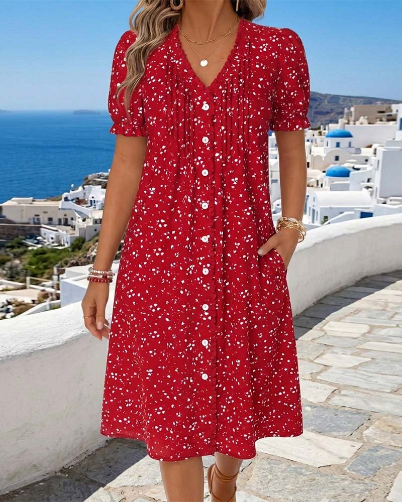 Dayma | Printed V Neck Button Front Dress
