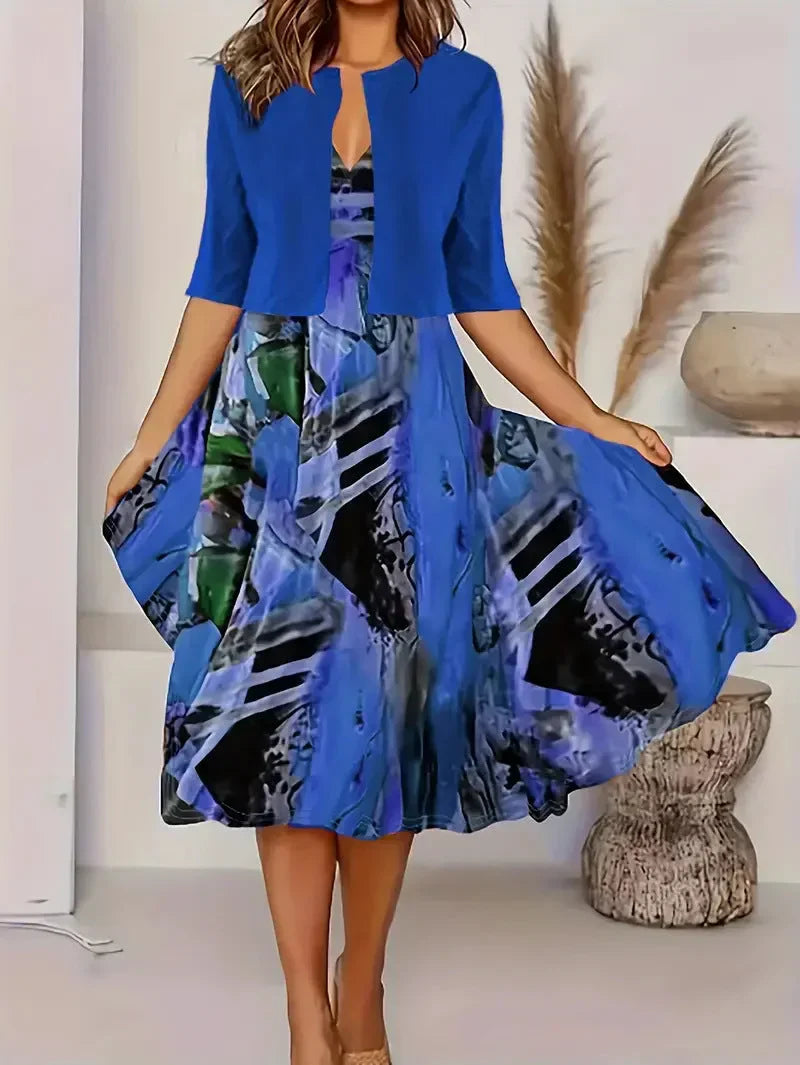 Vainoana | Abstract Print Midi Dress and Cardigan Set