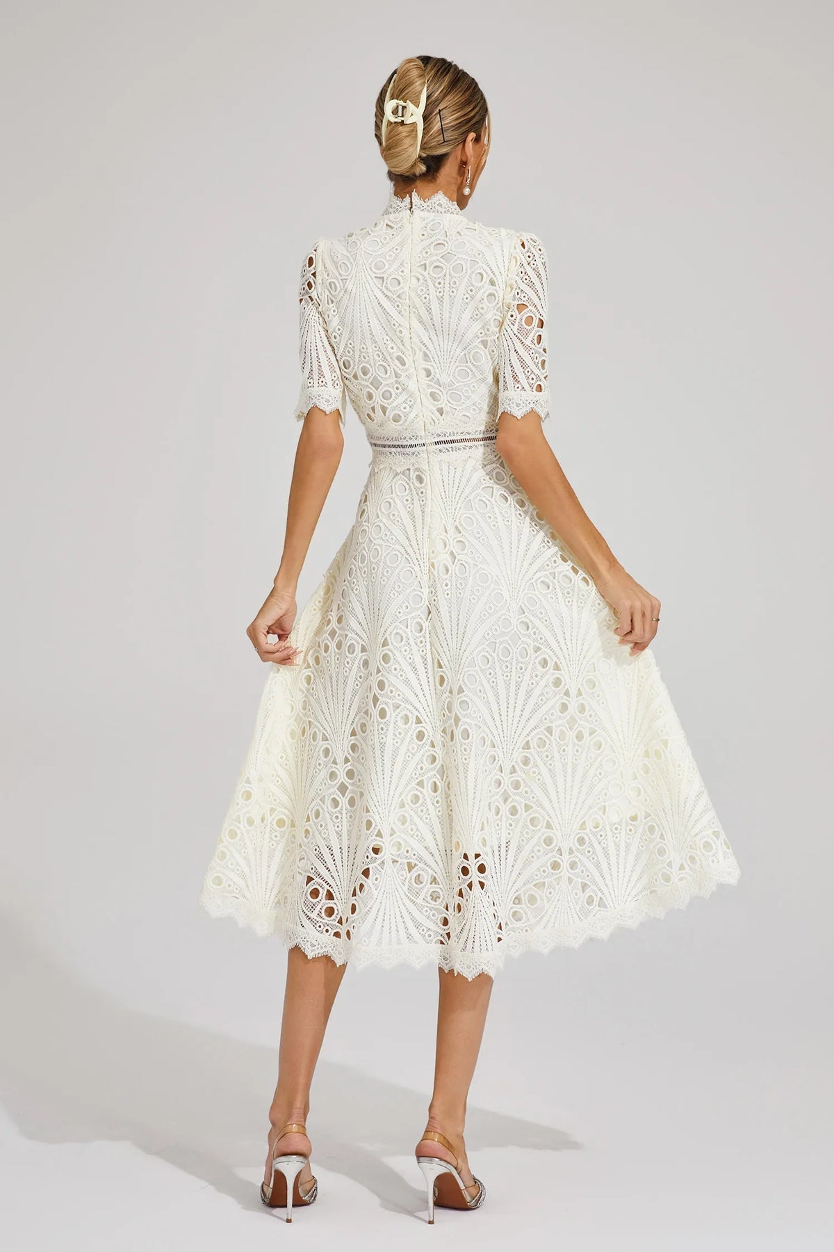 Vorelle | Lace Midi Dress High Neck Short Sleeve