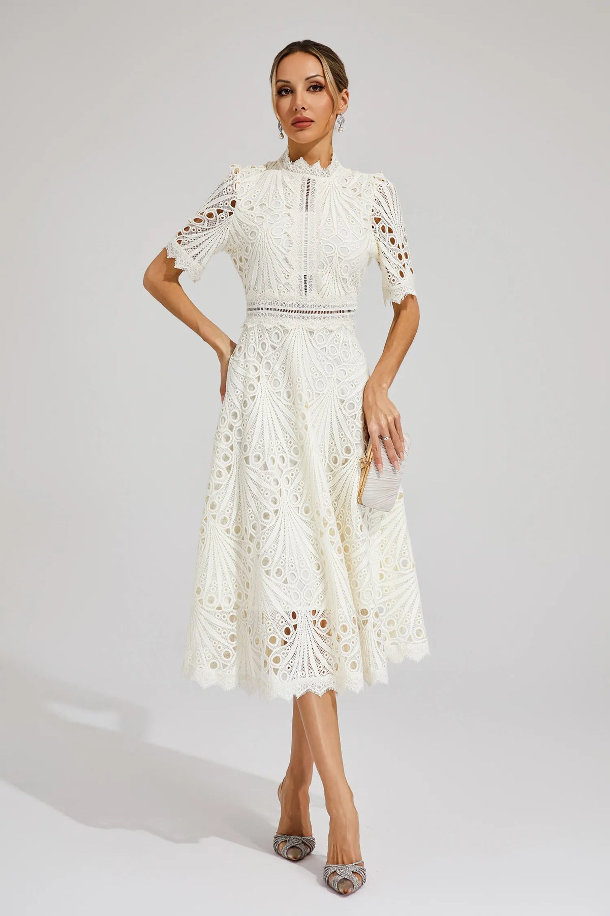 Vorelle | Lace Midi Dress High Neck Short Sleeve