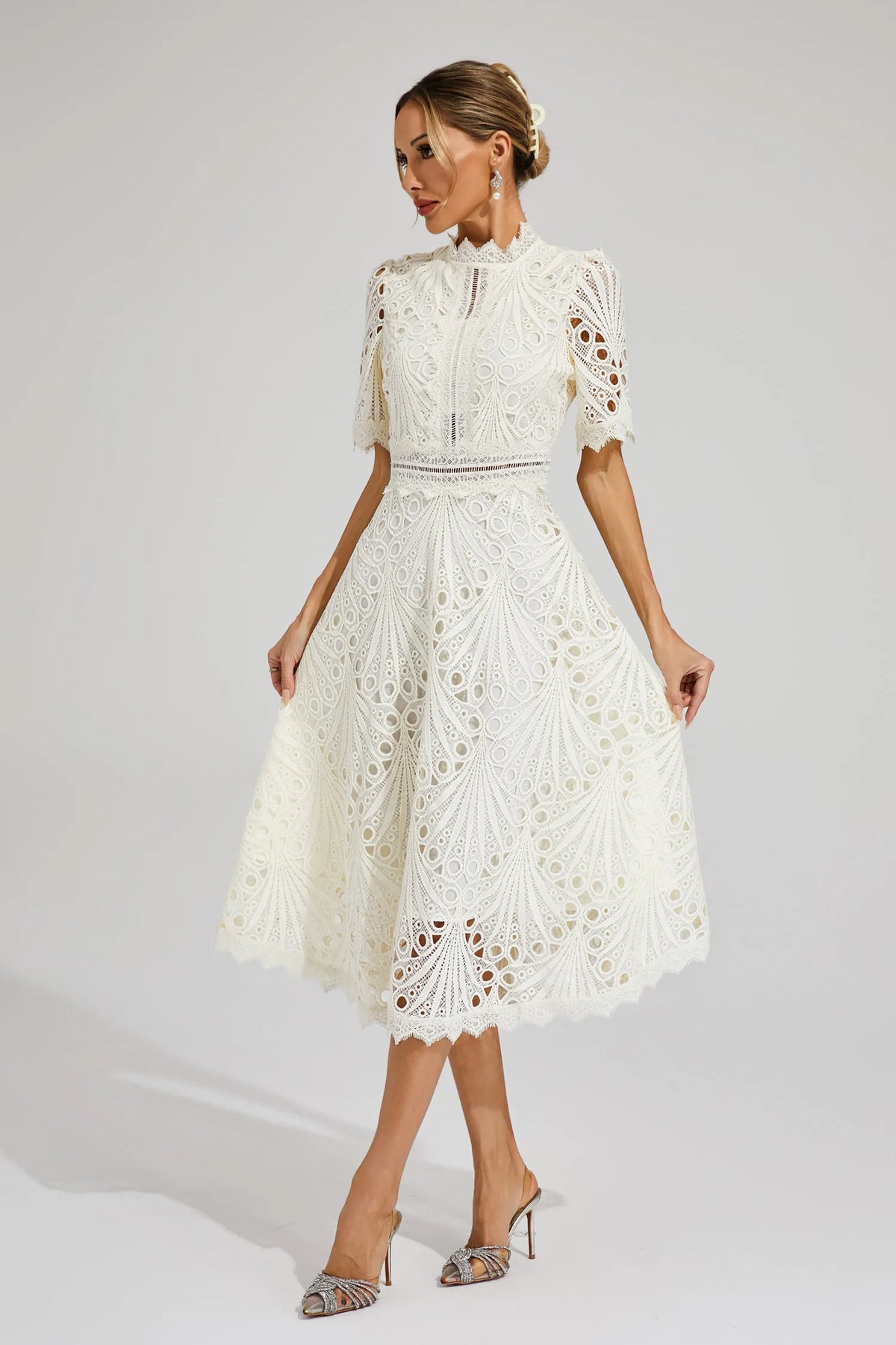Vorelle | Lace Midi Dress High Neck Short Sleeve