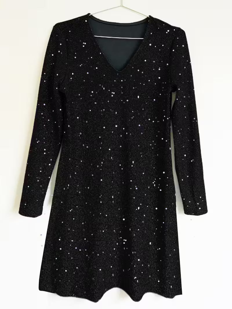 Eglantina | Sequin V Neck Long Sleeve Dress