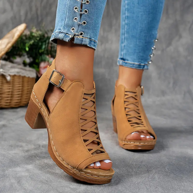 Alexia | Peep Toe Cutout Block Heel Sandals