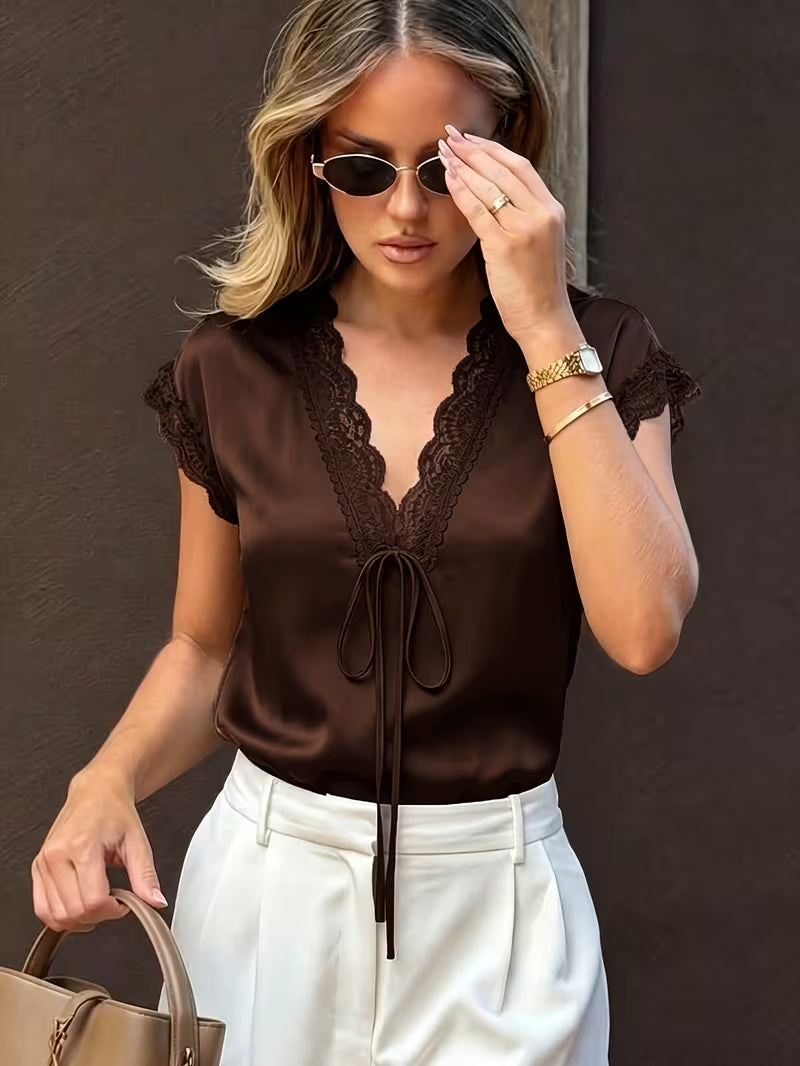 Neeta | Satin-Style Lace-Trim Short-Sleeve V-Neck Tie-Front Top