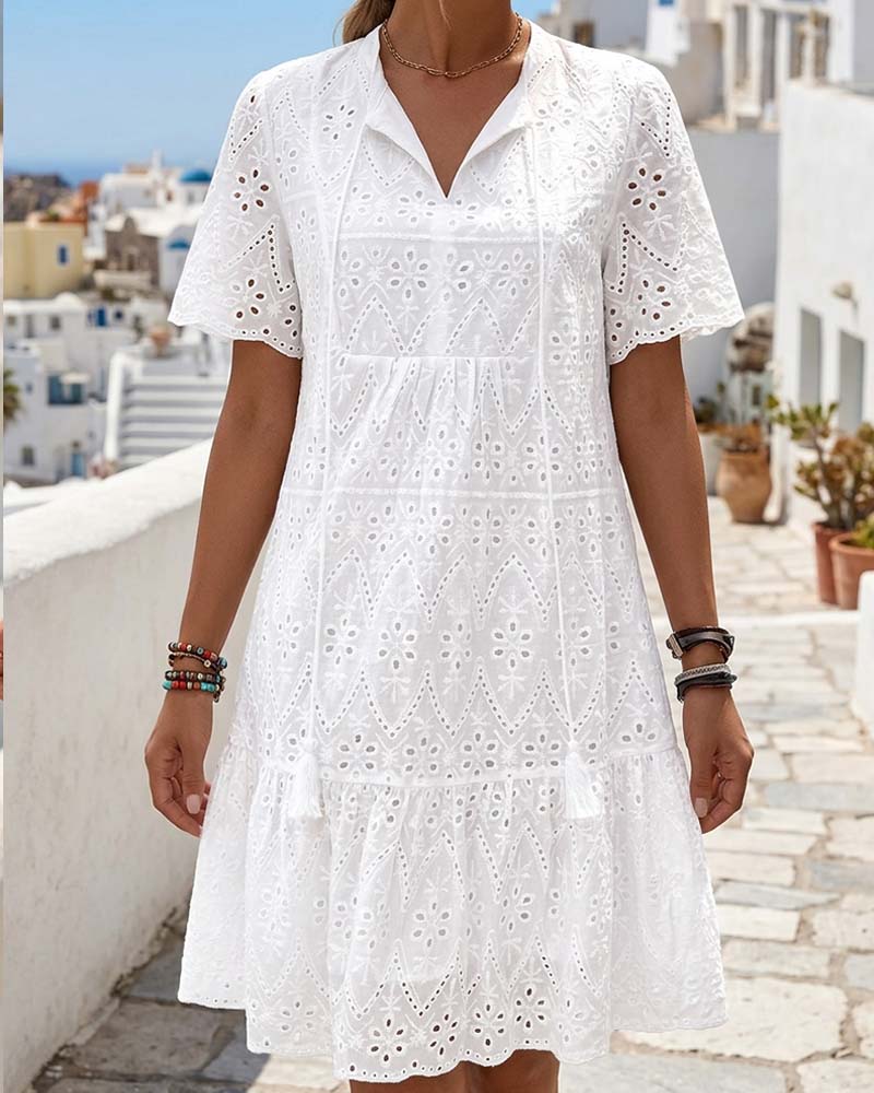 Aphinya | Eyelet V-Neck Short Sleeve Dress