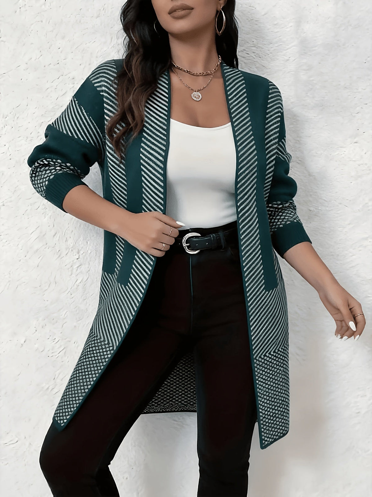 Liliyicia | Longline Geometric Knit Open Front Cardigan