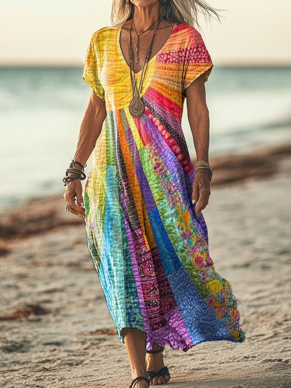 Rashmika | Patchwork V-Neck Long Sleeve Maxi Dress