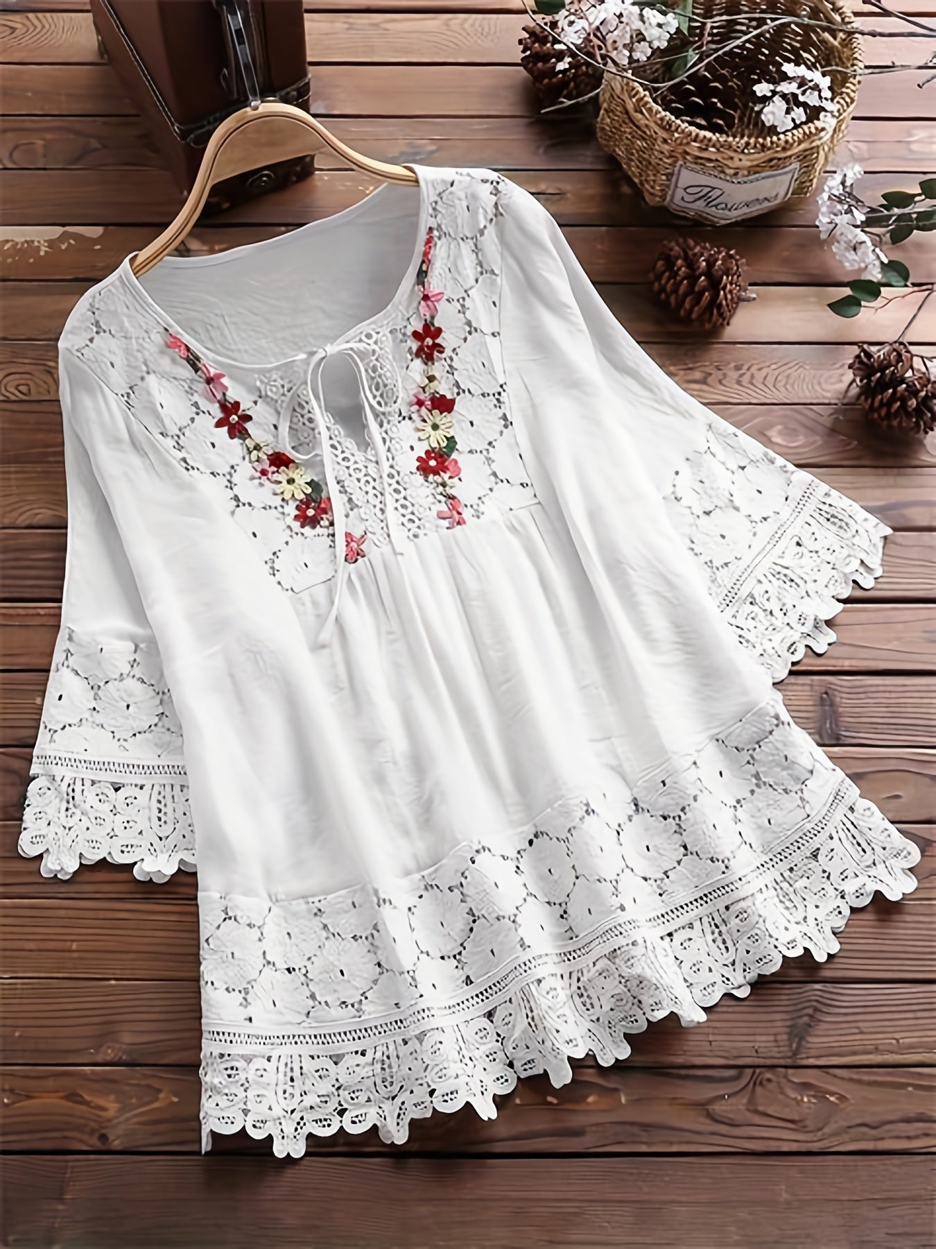 Esmeralda | Embroidered Lace Blouse With Tie Neck