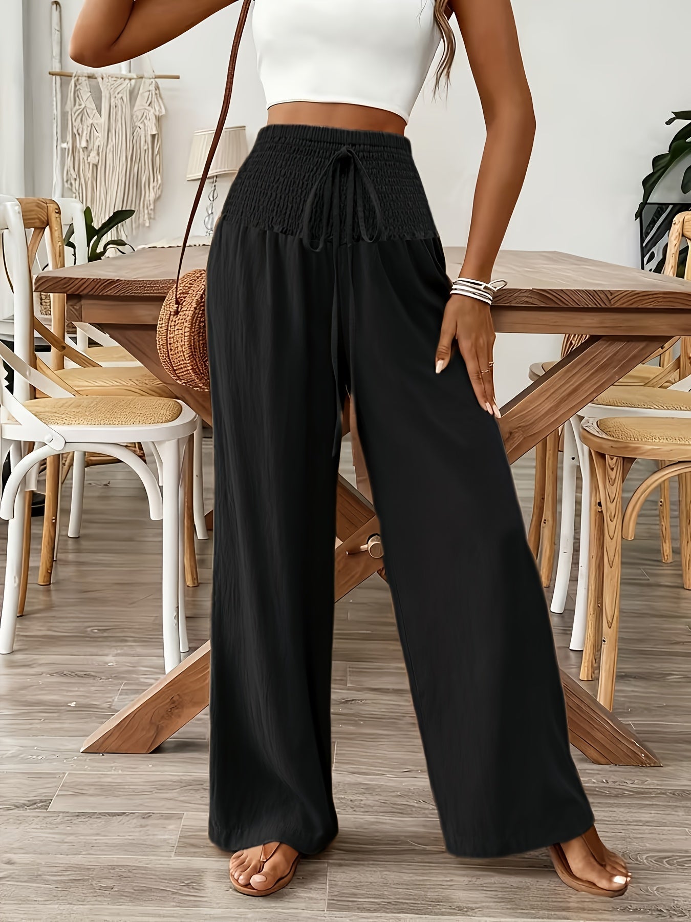 Rebeki | Pants High-Waisted Wide Leg Drawstring Smocked Waist