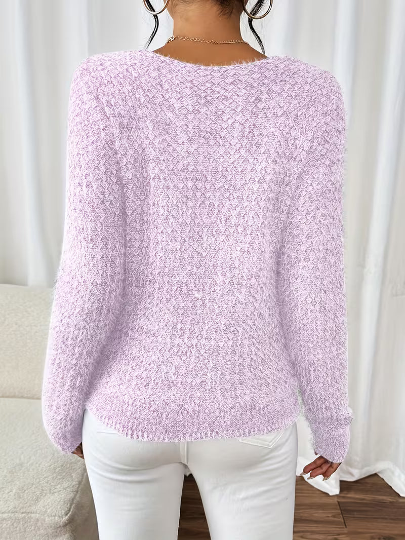 Aderah | Textured V-Neck Long Sleeve Knit Sweater