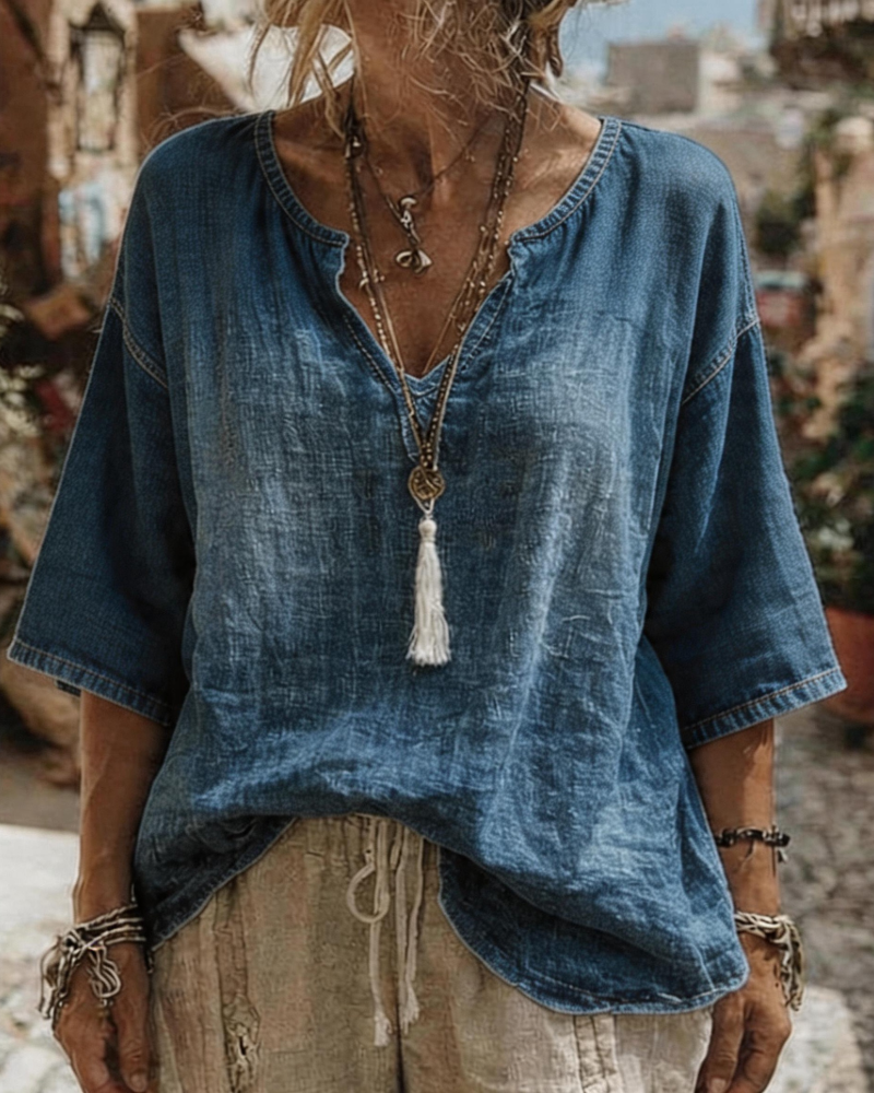 Syleena | Blouse Blue V-Neck Relaxed Fit Top