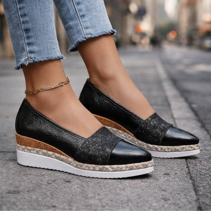 Jahaira | Pointed Toe Glitter Wedge Loafers