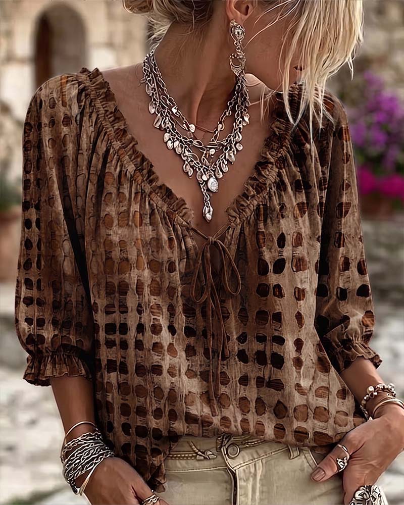 Kesney | Printed Tie Neck Peasant Blouse