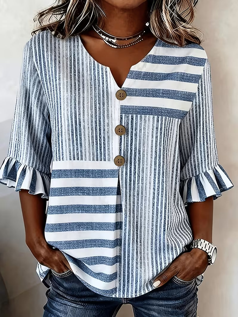 Avyra | Striped Patchwork Ruffle Sleeve Top