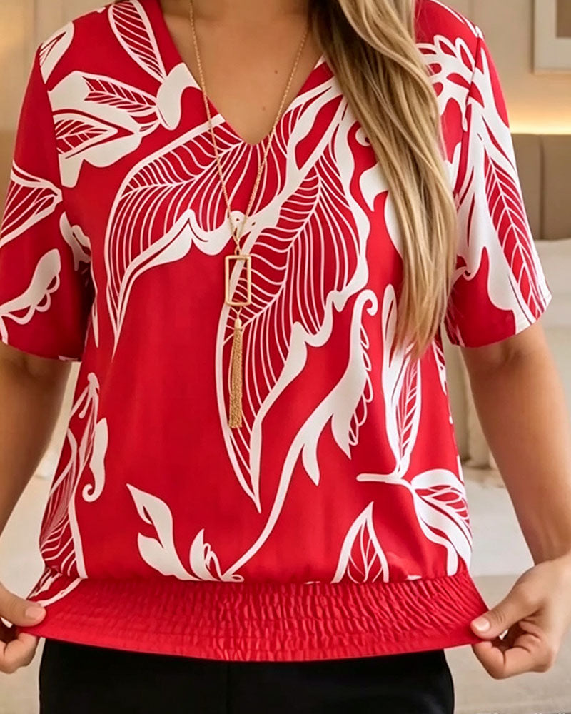 Isheba | Blouse with Short Sleeves and Leaf Print