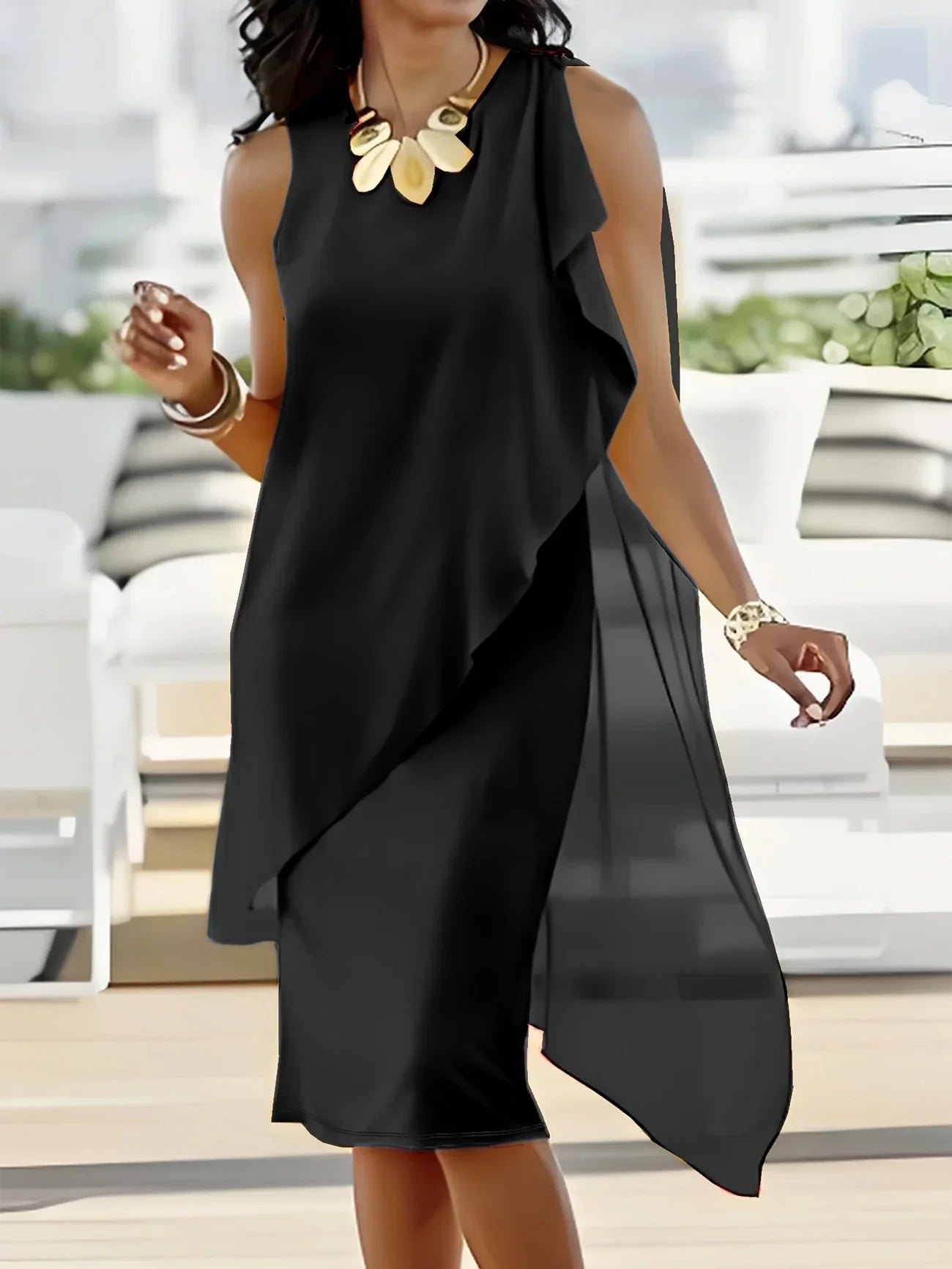 Maren | Sleeveless Asymmetrical Overlay Midi Dress