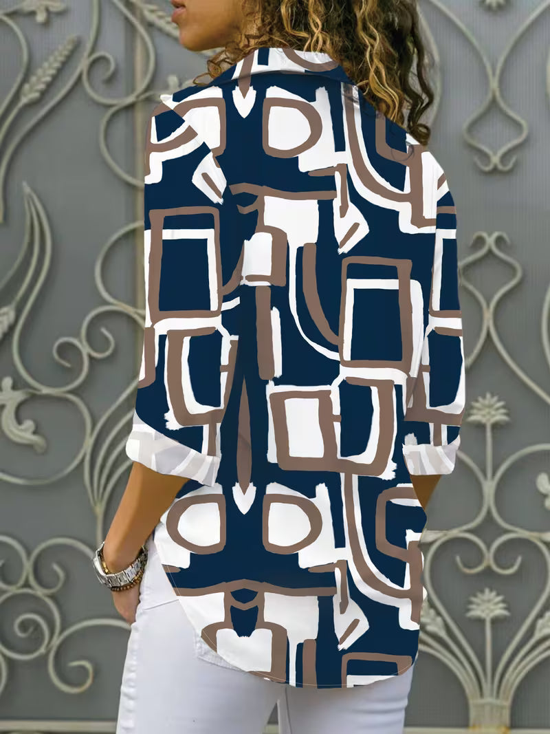 Vespia | Geometric Print Button-Up Shirt with Relaxed Fit
