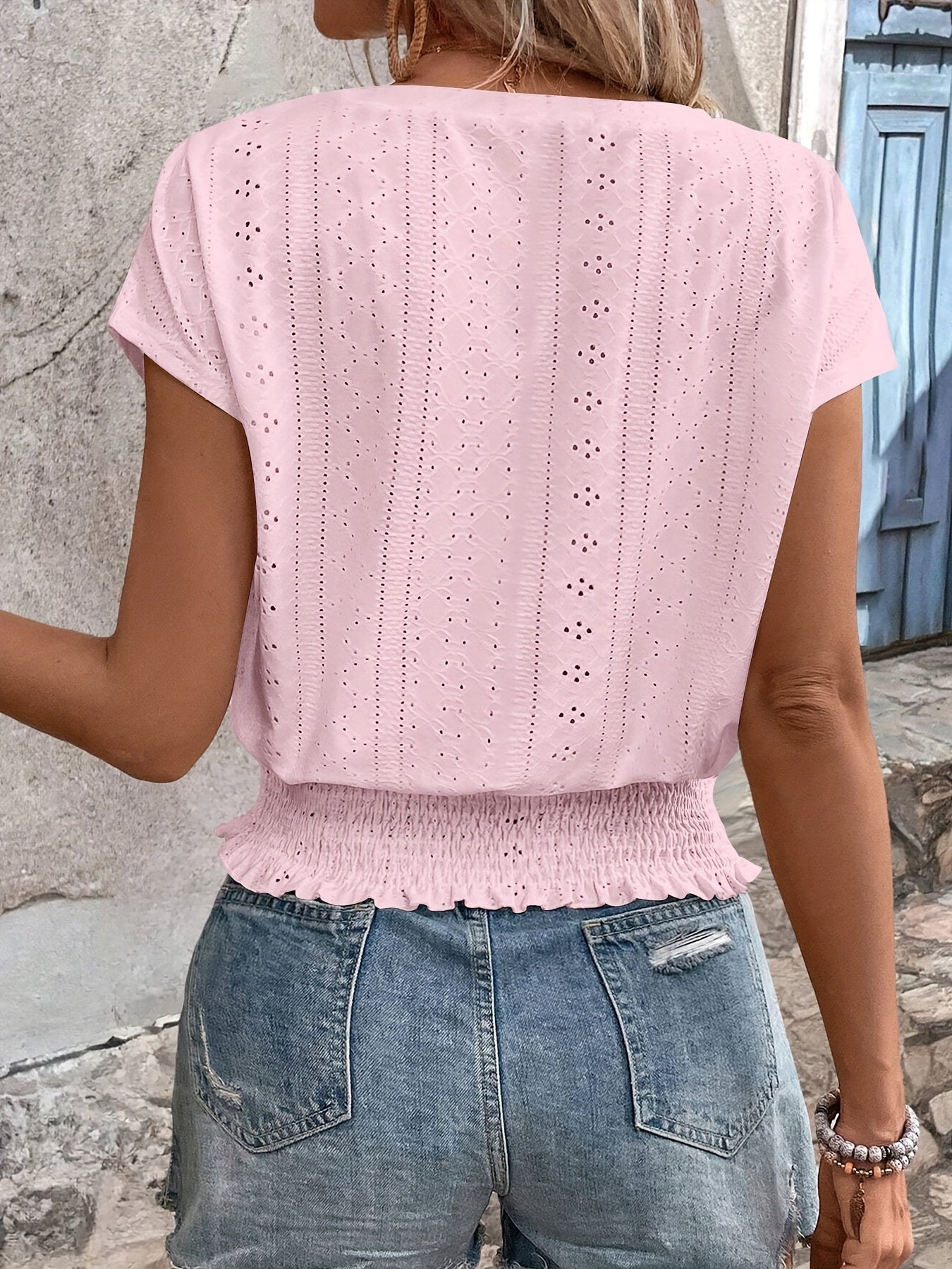 Delores - V Neck Batwing Eyelet Hem Top