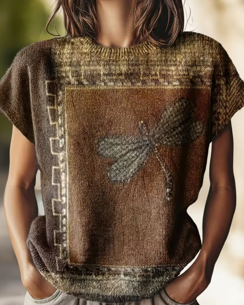 Dyniza - Dragonfly Print Short Sleeve Knit Sweater