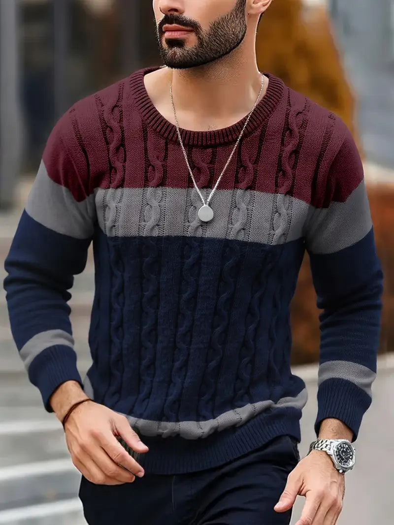 Watkins | Color Block Cable Knit Crewneck Sweater