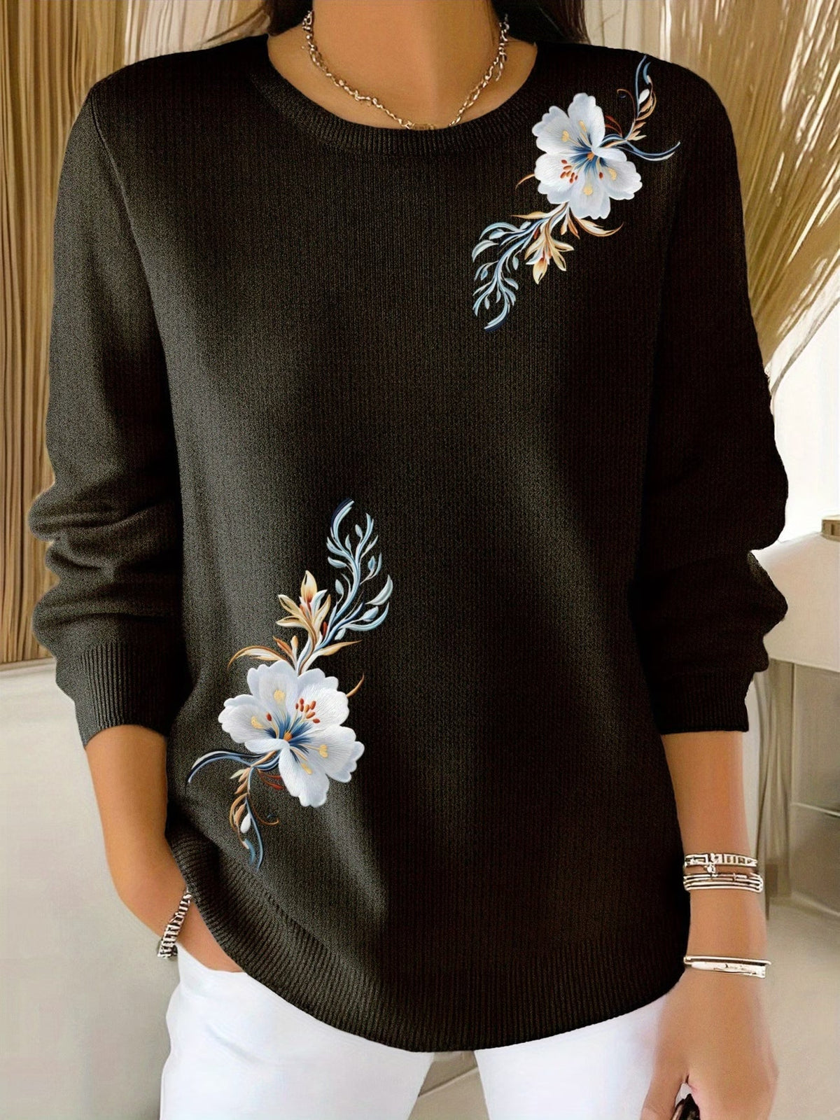 Adelurella | Elegant Long Sleeve Floral Sweater