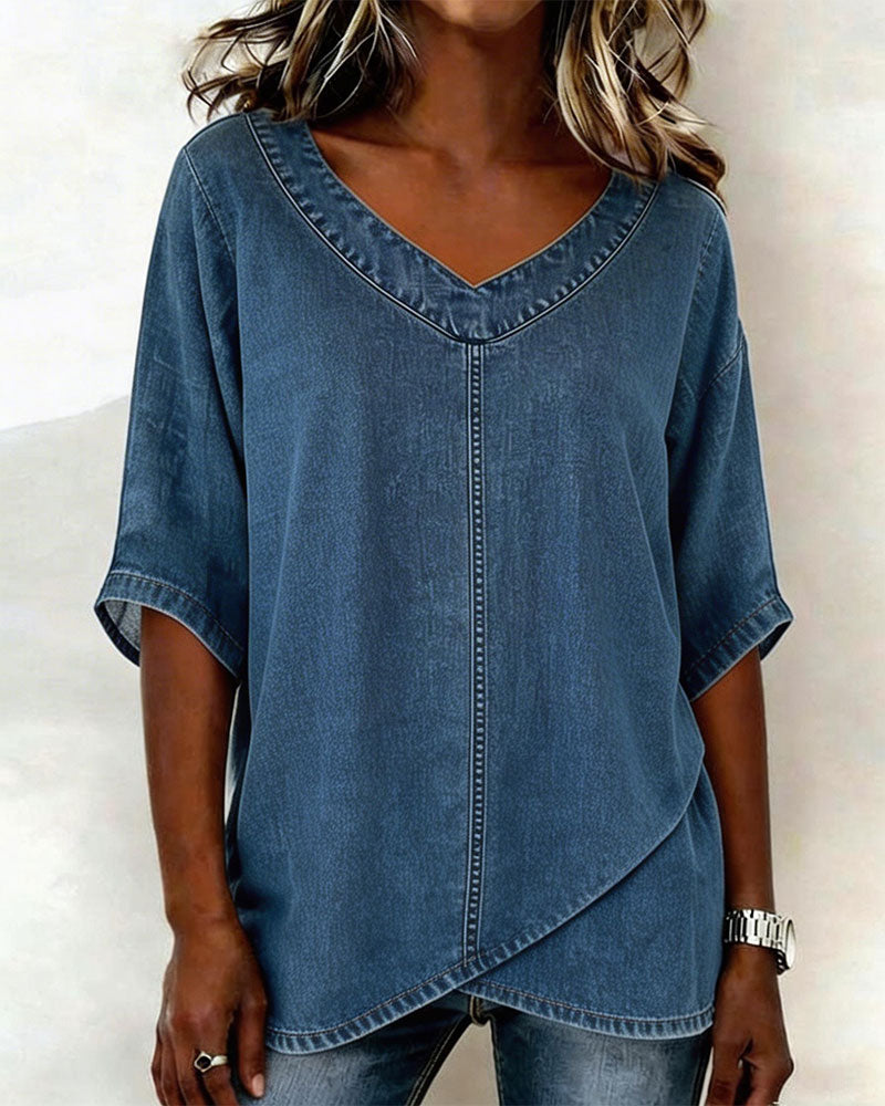 Laritza | Denim Style V Neck Overlap Top