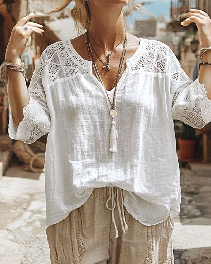 Essien - V Neck Lace Sleeve Loose Fit Blouse