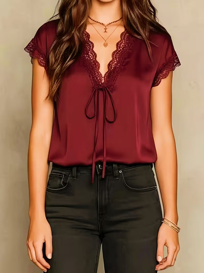 Neeta | Satin-Style Lace-Trim Short-Sleeve V-Neck Tie-Front Top