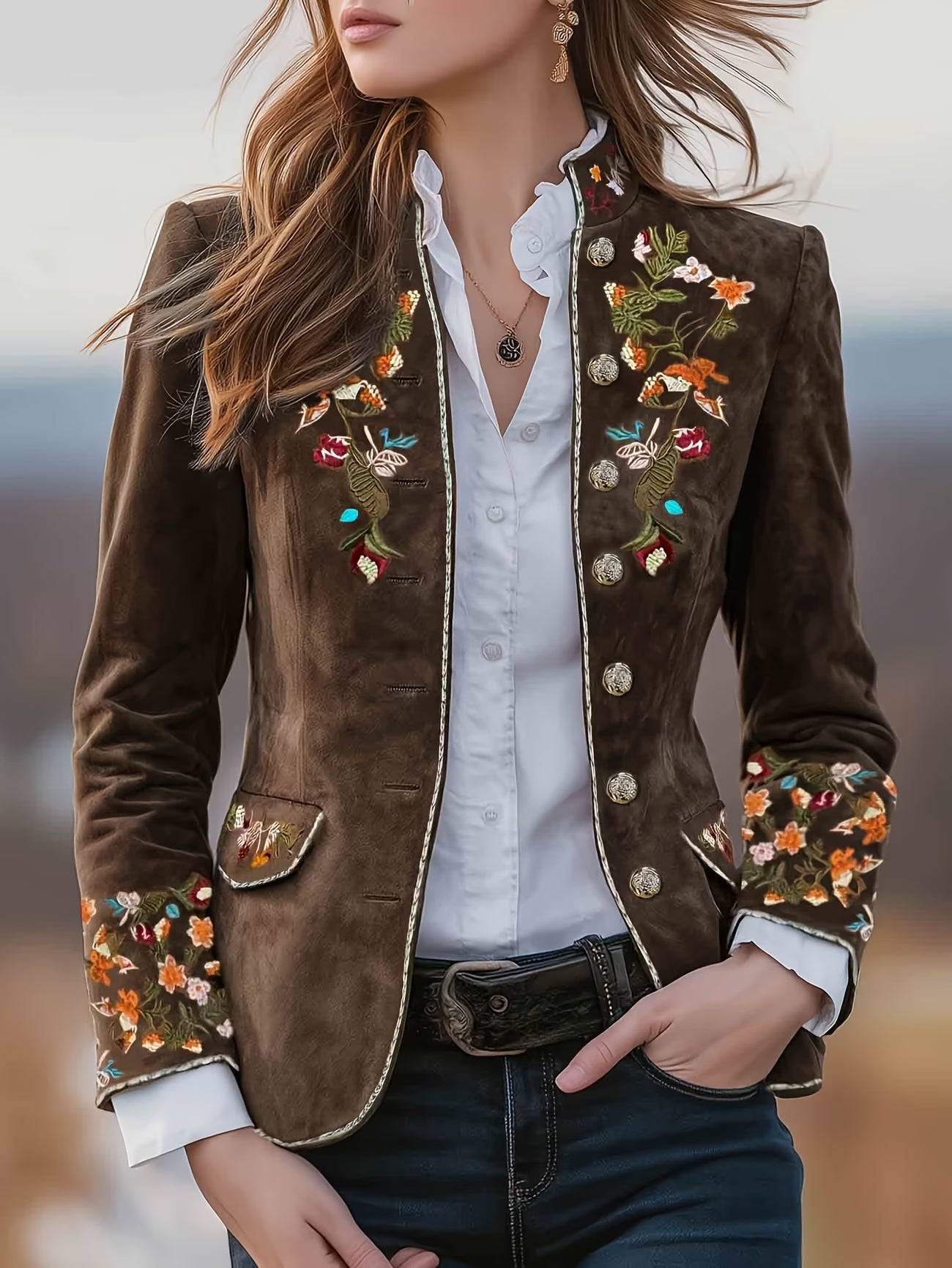 Anisaa | Embroidered Button Front Stand Collar Jacket