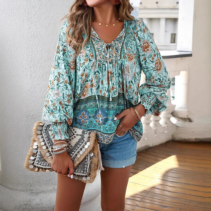 Sallie - Printed Peasant Blouse Long Sleeve Top