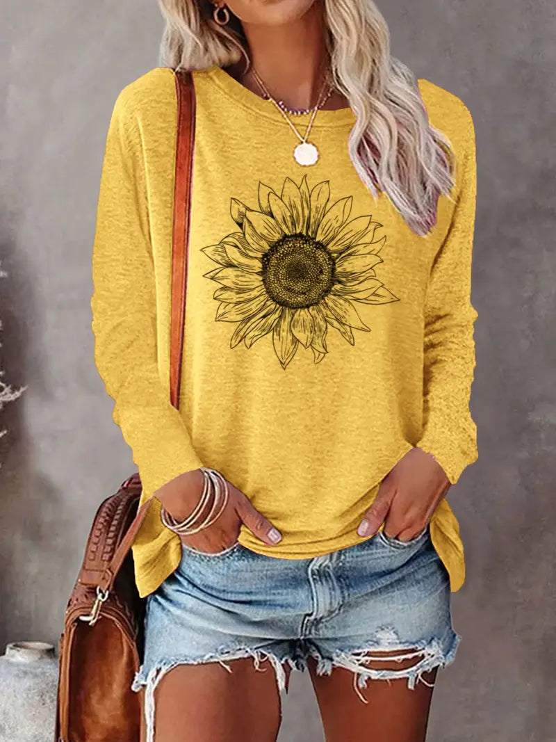 Levine | Sunflower Print Long Sleeve Tunic Top