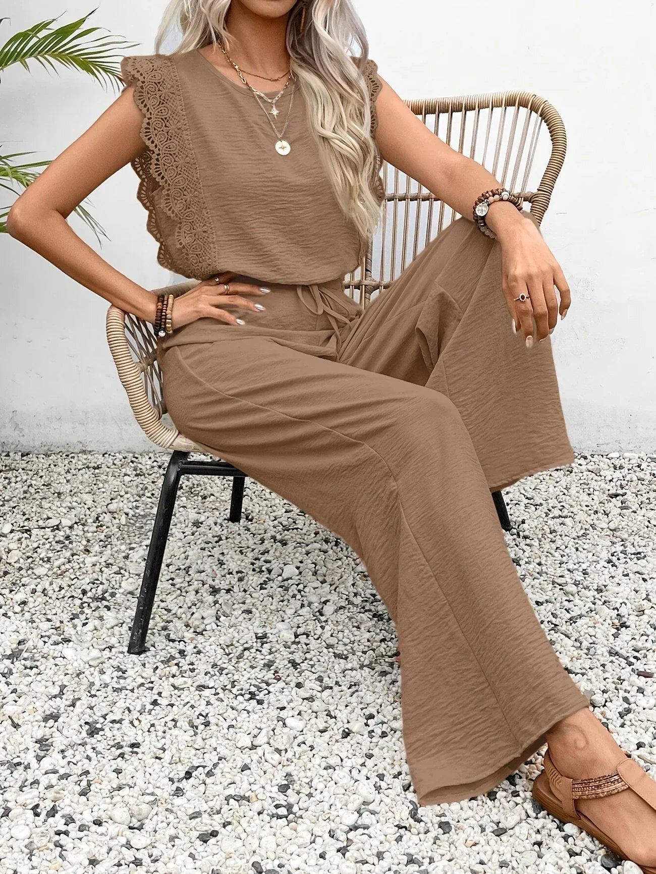 Ziva | Lace Trim Wide Leg Jumpsuit