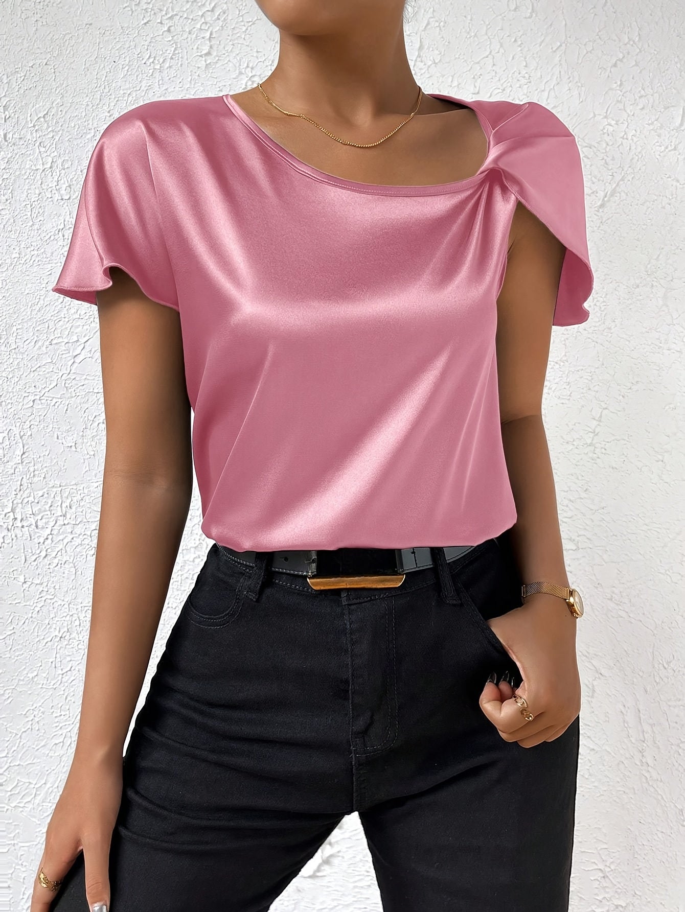 Loretta | Blouse Satin Look Draped Short Sleeve Top