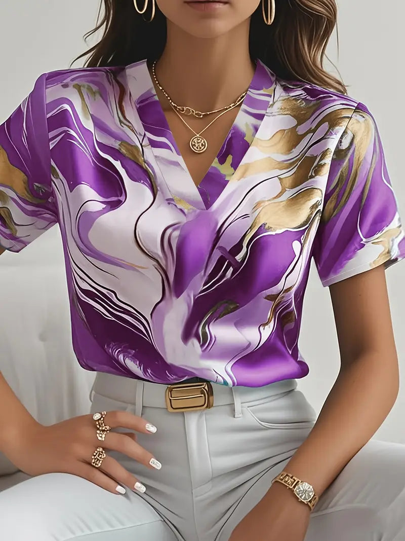 Maroula - Marble Print V Neck Short Sleeve Blouse