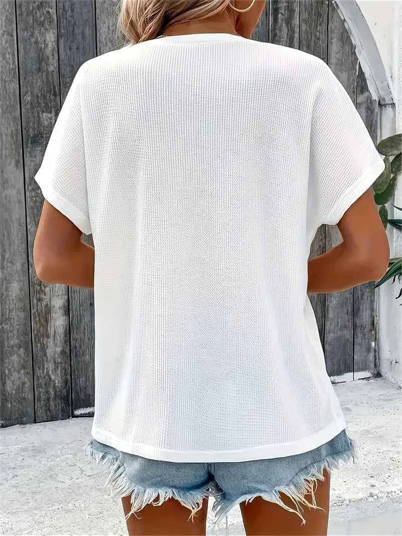 Marylou | Crew Neck Button Front Short Sleeve Top