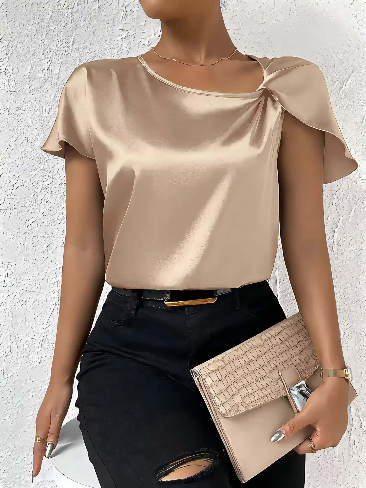 Loretta | Blouse Satin Look Draped Short Sleeve Top