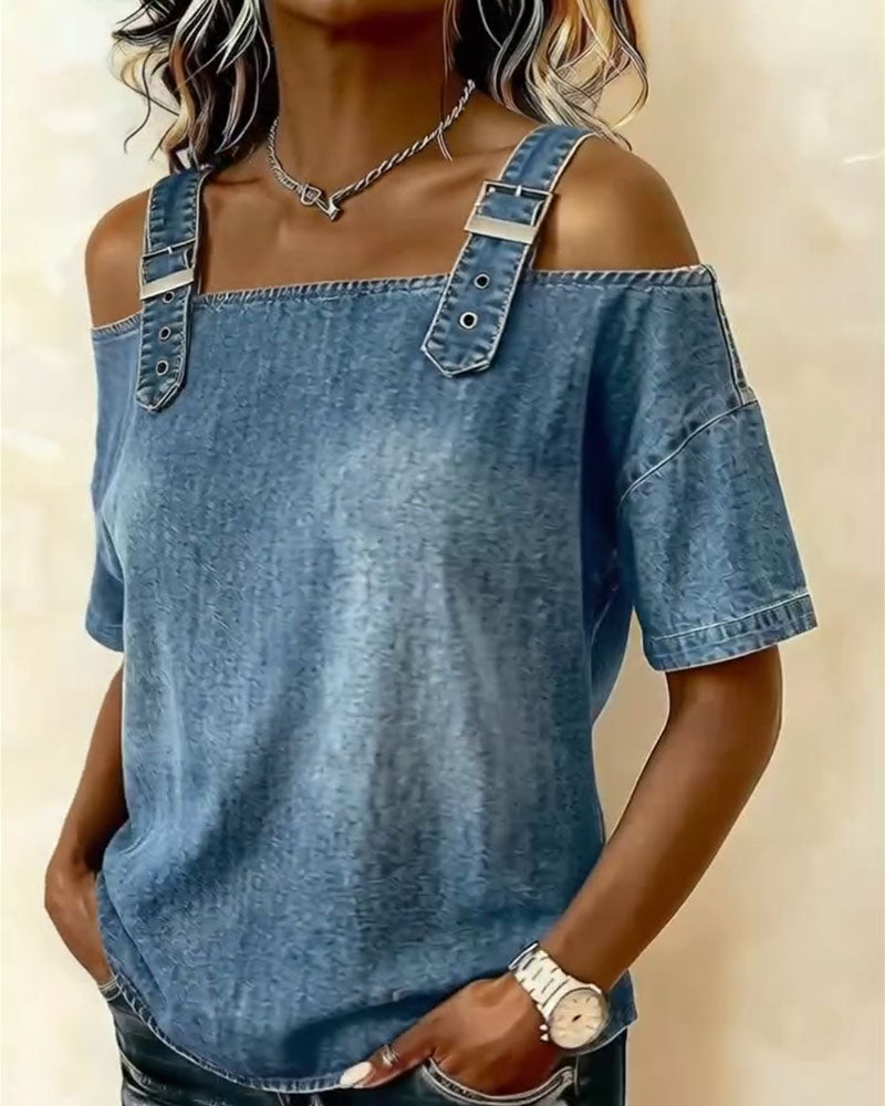Yamara | Denim-Style Cold Shoulder Strap Top