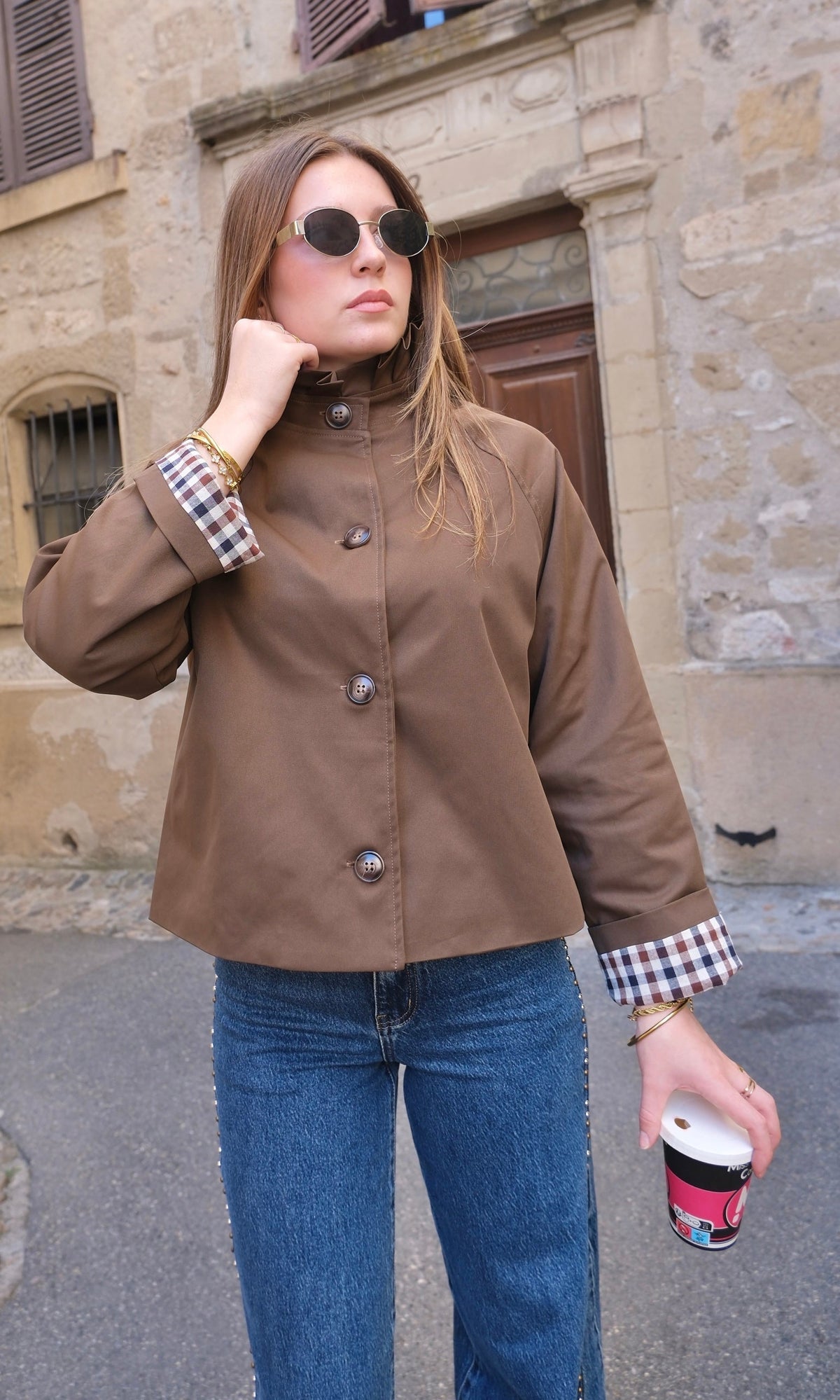 Esen | Cropped Brown Button Jacket With Checkered Cuffs