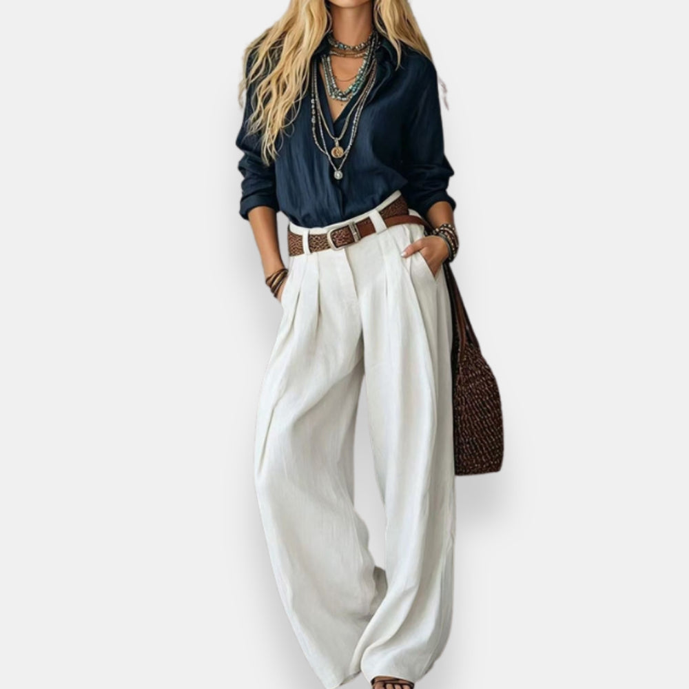 Orable | Shirt Pant Set Wide Leg Pleated