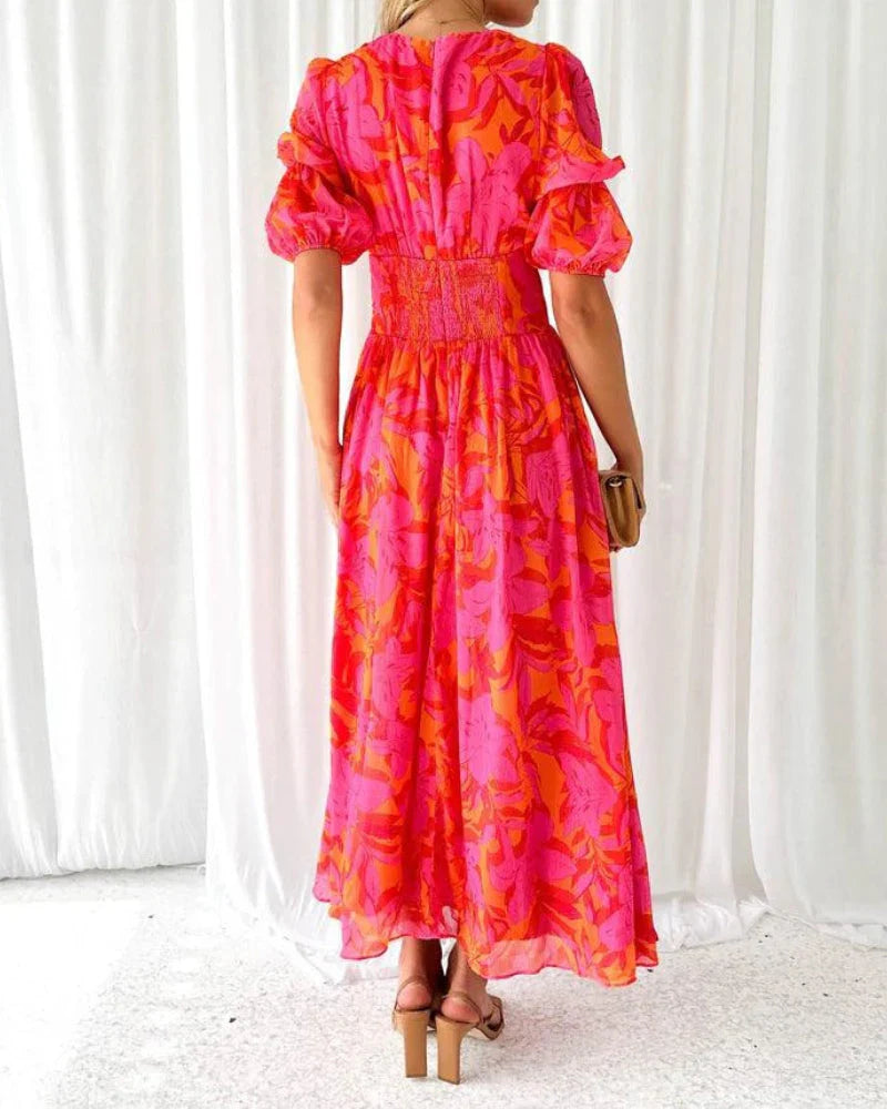 Derana | Floral V-Neck Puff Sleeve Maxi Dress