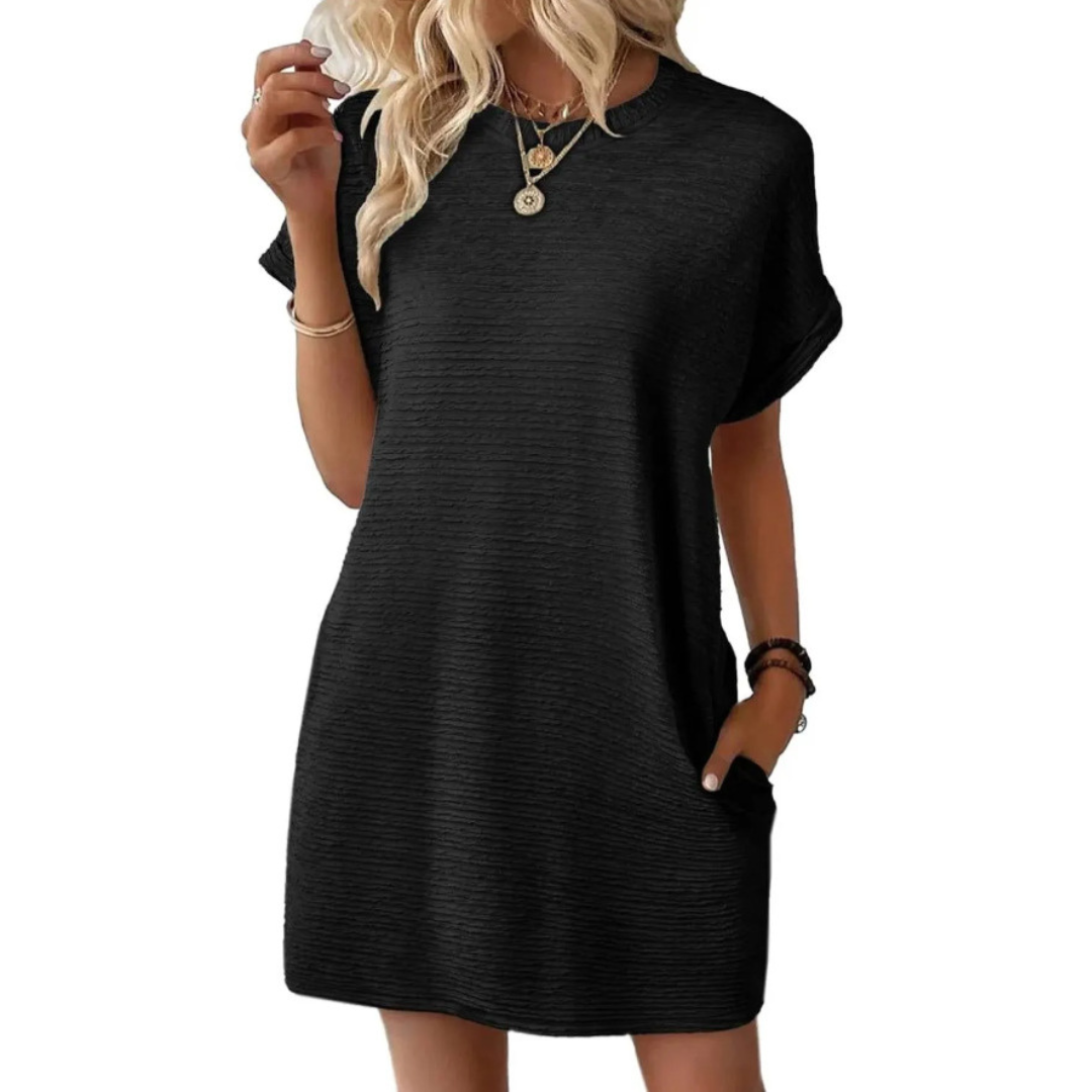 Elviaa - Textured Pocket Mini Dress Short Sleeve