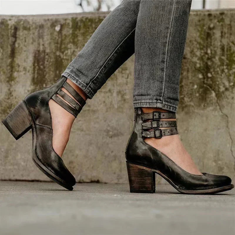 Steffie – Wooden Block Heel Ankle Strap Pumps