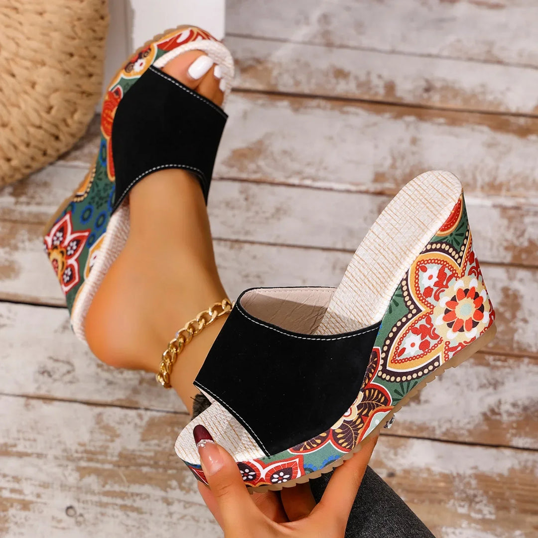 Laerke - Floral Print Platform Wedge Slide Sandals