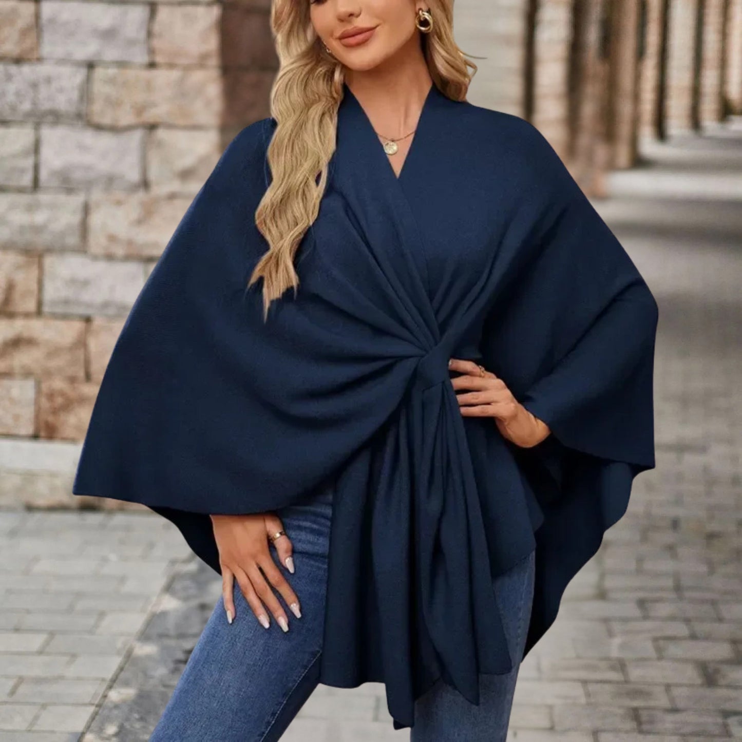 Helin | V-Neck Knotted Front Wrap Poncho