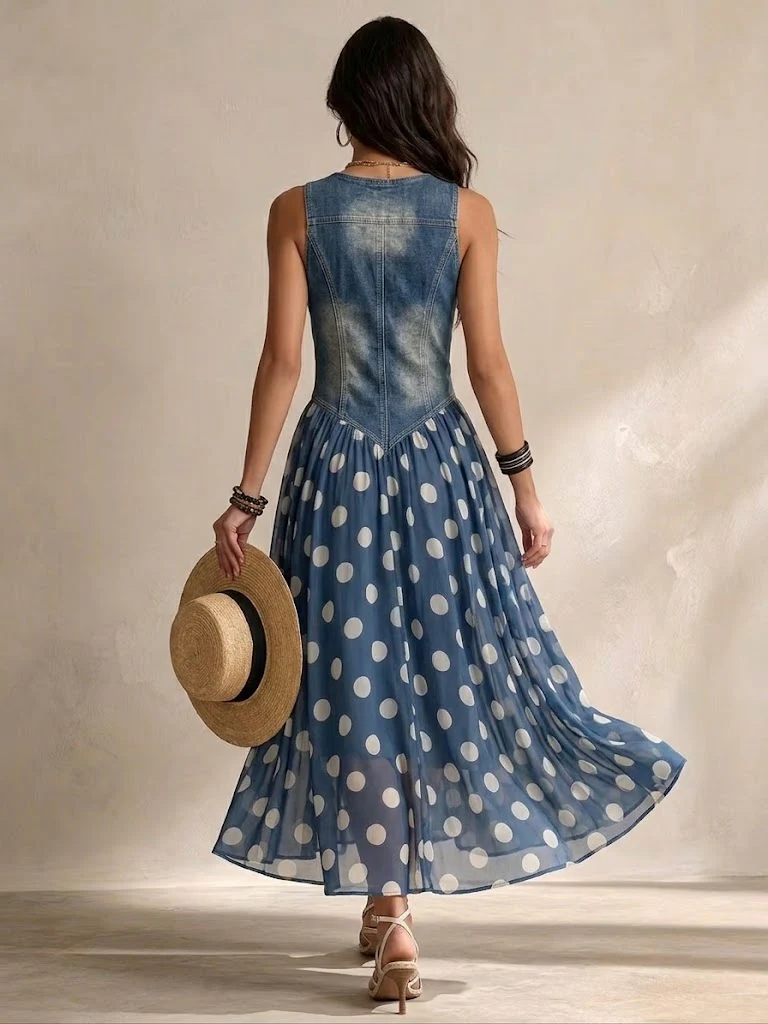 Briisa | Denim Dress with Polka Dot Chiffon Skirt