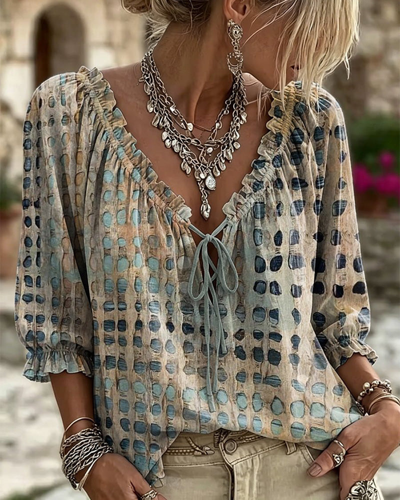Kesney | Printed Tie Neck Peasant Blouse