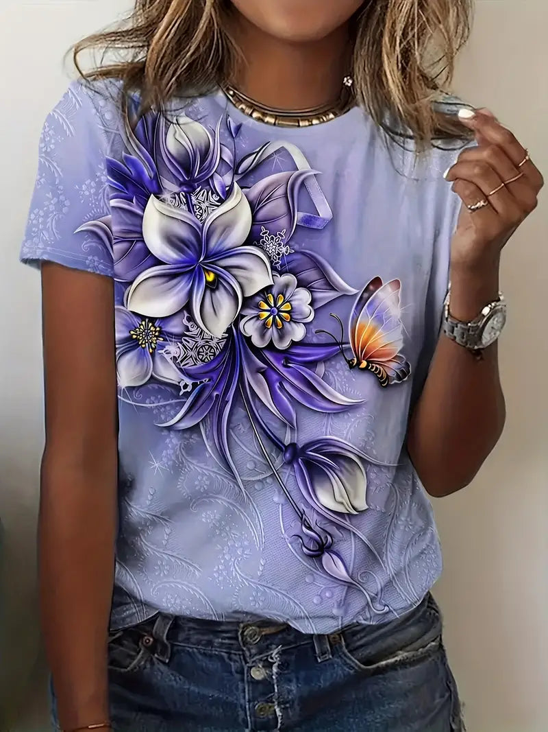 Carlisa | T-Shirt Floral Butterfly Short Sleeve Top