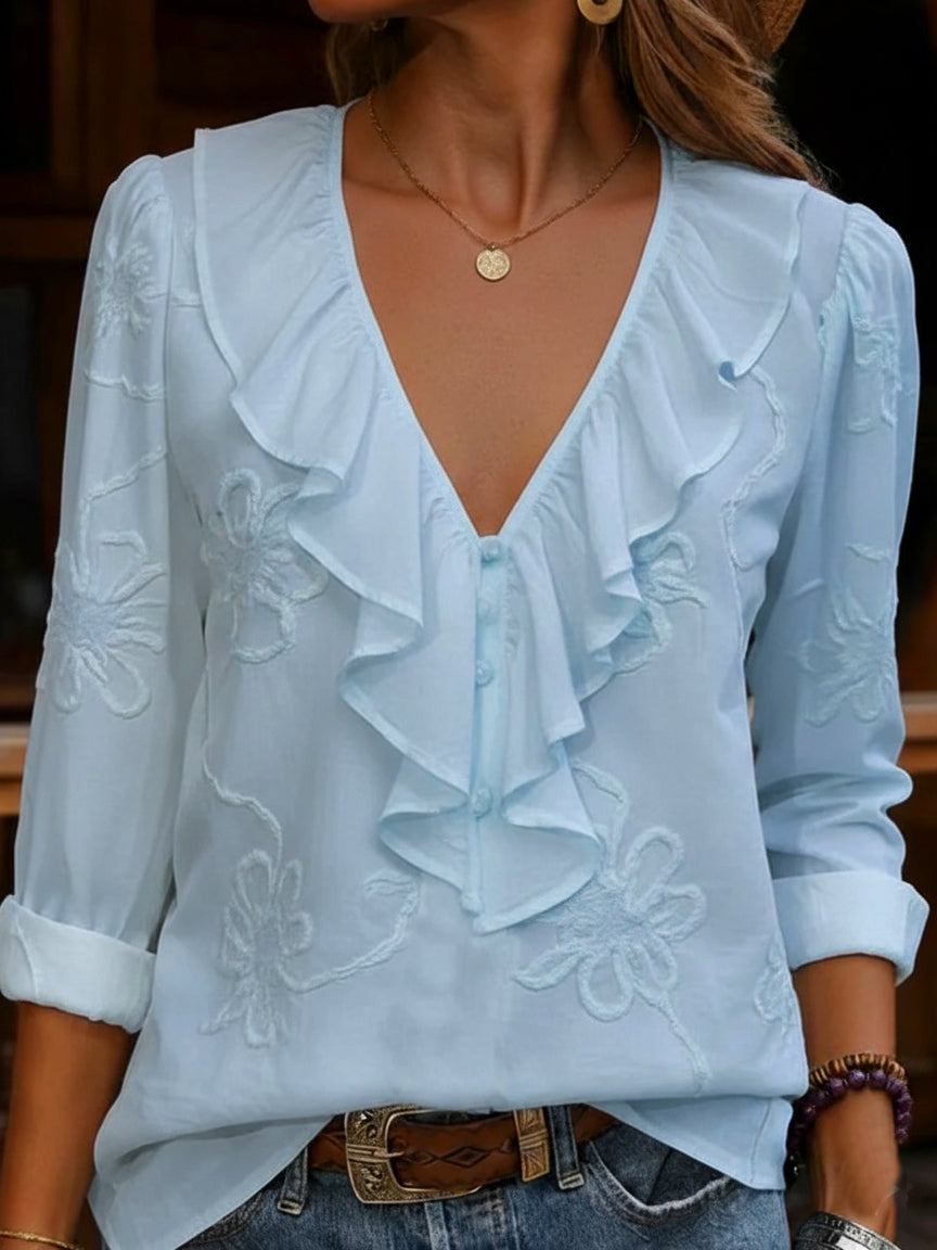 Celestine | Blouse Ruffle V Neck Floral Embroidery