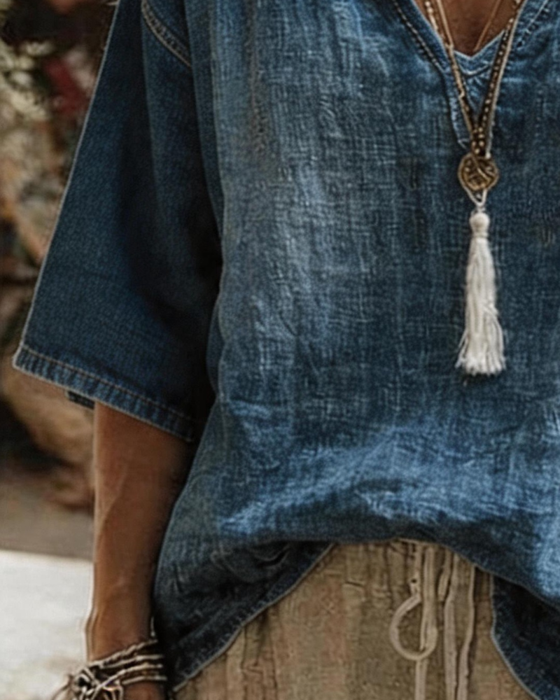 Syleena | Blouse Blue V-Neck Relaxed Fit Top